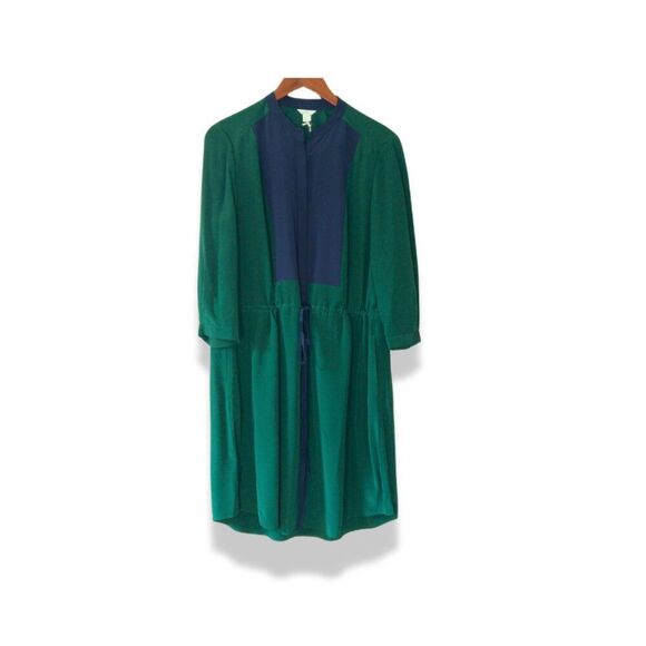 Fossil Rebecca Silk Shirt Dress M Green Colorblock Cinched Tie Waist Work - Picture 2 of 8